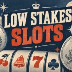 Retro Low Stakes Slots illustration with 5p and 10p coins and slot reels.