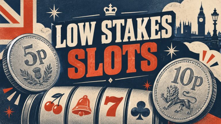 Retro Low Stakes Slots illustration with 5p and 10p coins and slot reels.