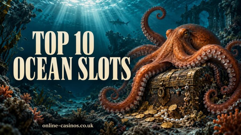 An octopus guarding a treasure chest beneath the sea, with Top 10 Ocean Slots lettering