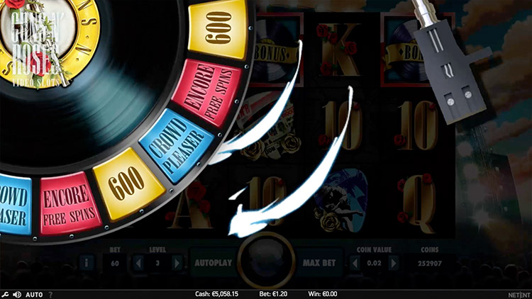 Guns N' Roses bonus wheel with Encore Free Spins and Crowd Pleaser segments
