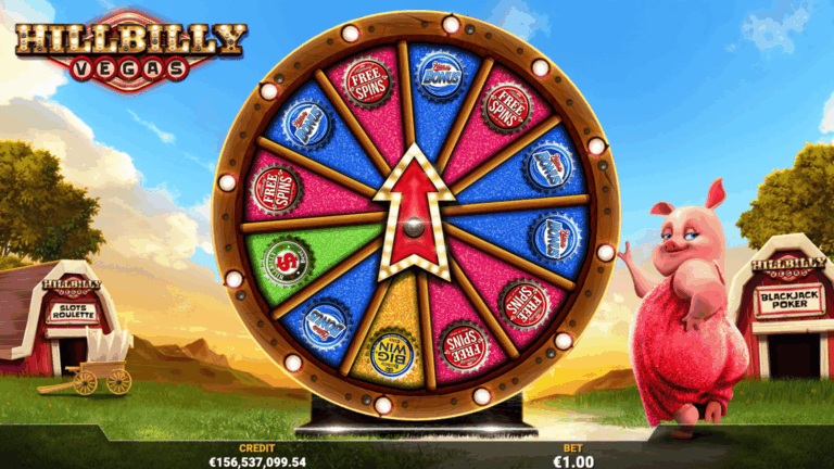 Hillbilly Vegas bonus wheel with free spins and mini-game prizes