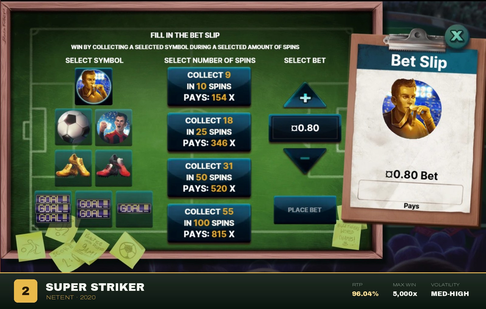 Super Striker Bet Slip feature showing symbol picks and odds up to 815x