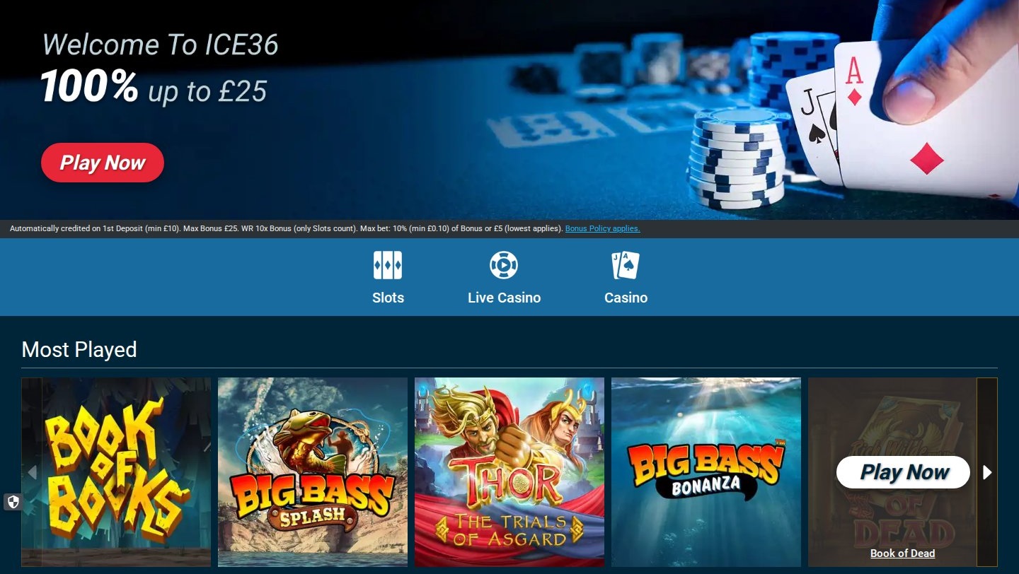 ICE36 casino lobby showing the dark blue design and games menu