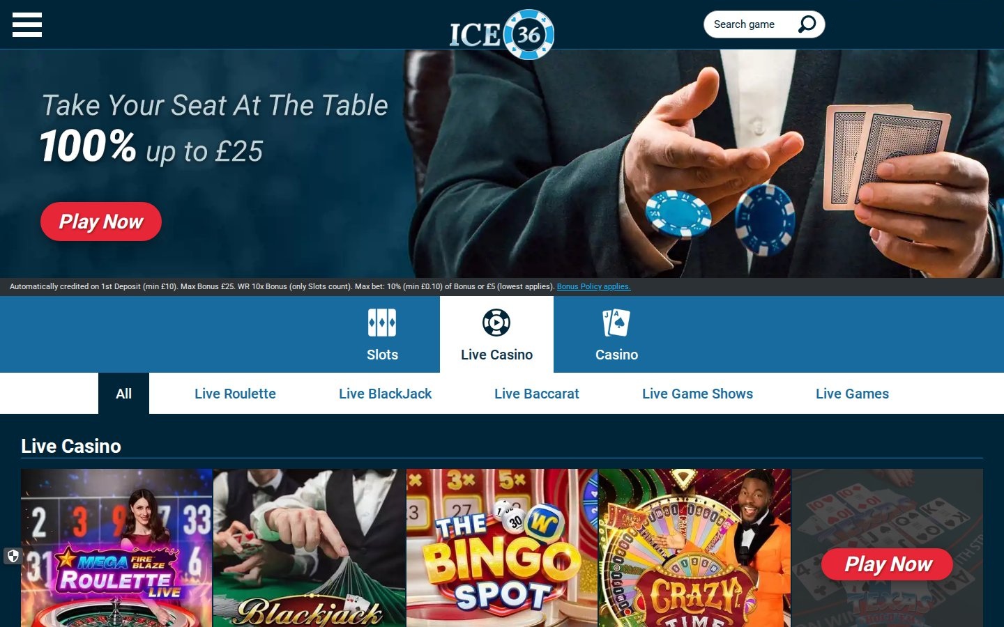 ICE36 live casino lobby with live roulette, blackjack and game shows