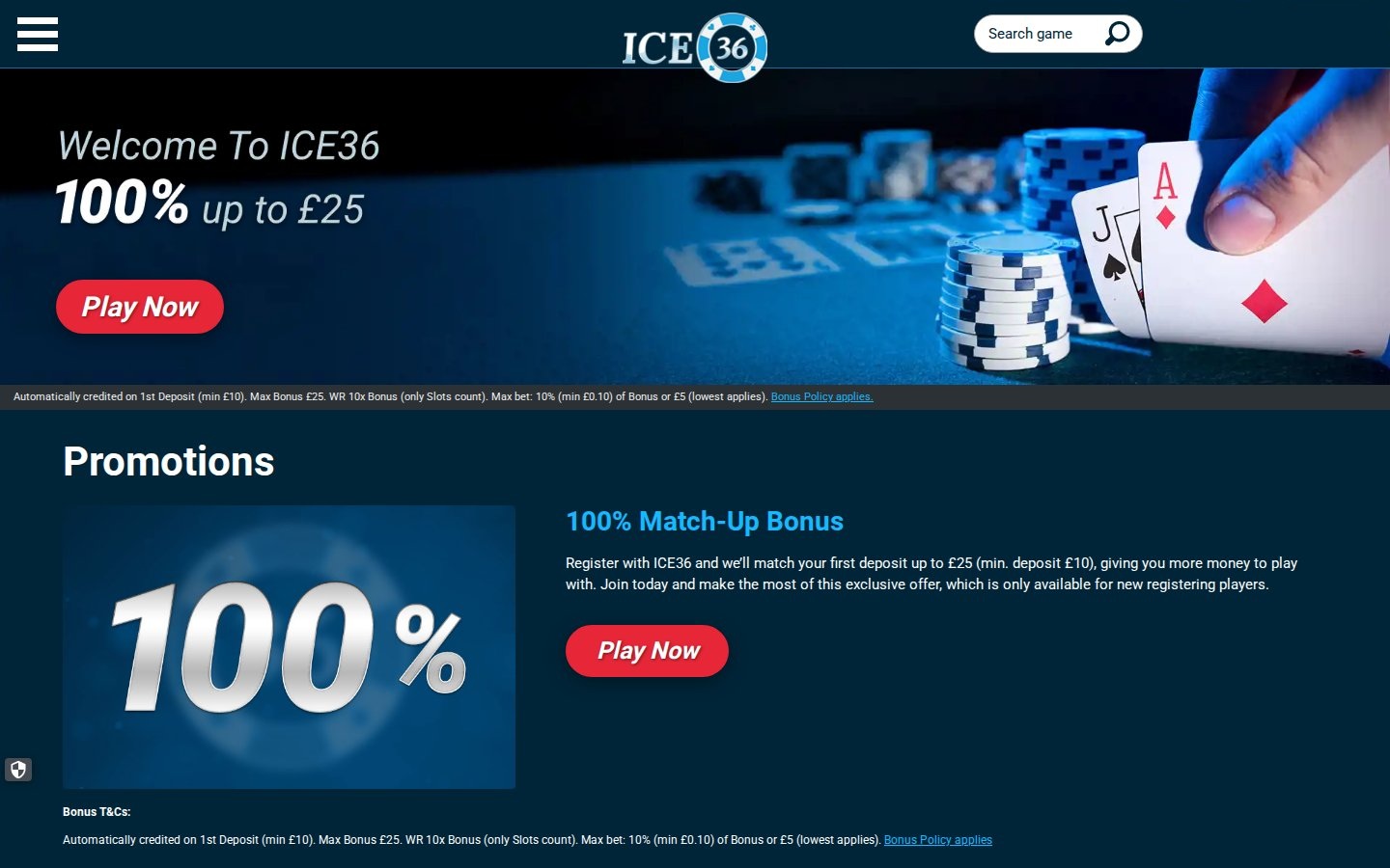 ICE36 promotions page showing the 100% welcome match and free spins offers