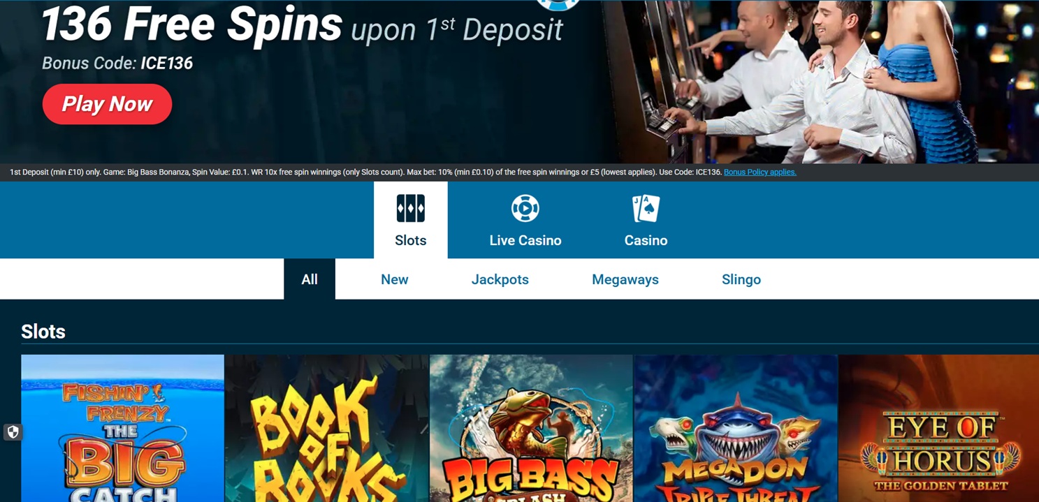 ICE36 slots lobby with new, jackpot, Megaways and Slingo categories