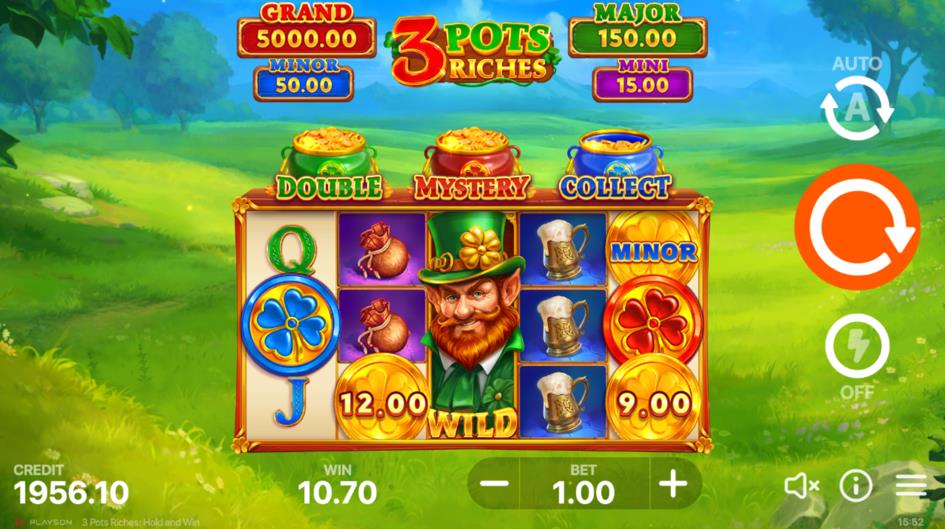 3 Pots Riches: Hold and Win gameplay showing the reels and game controls