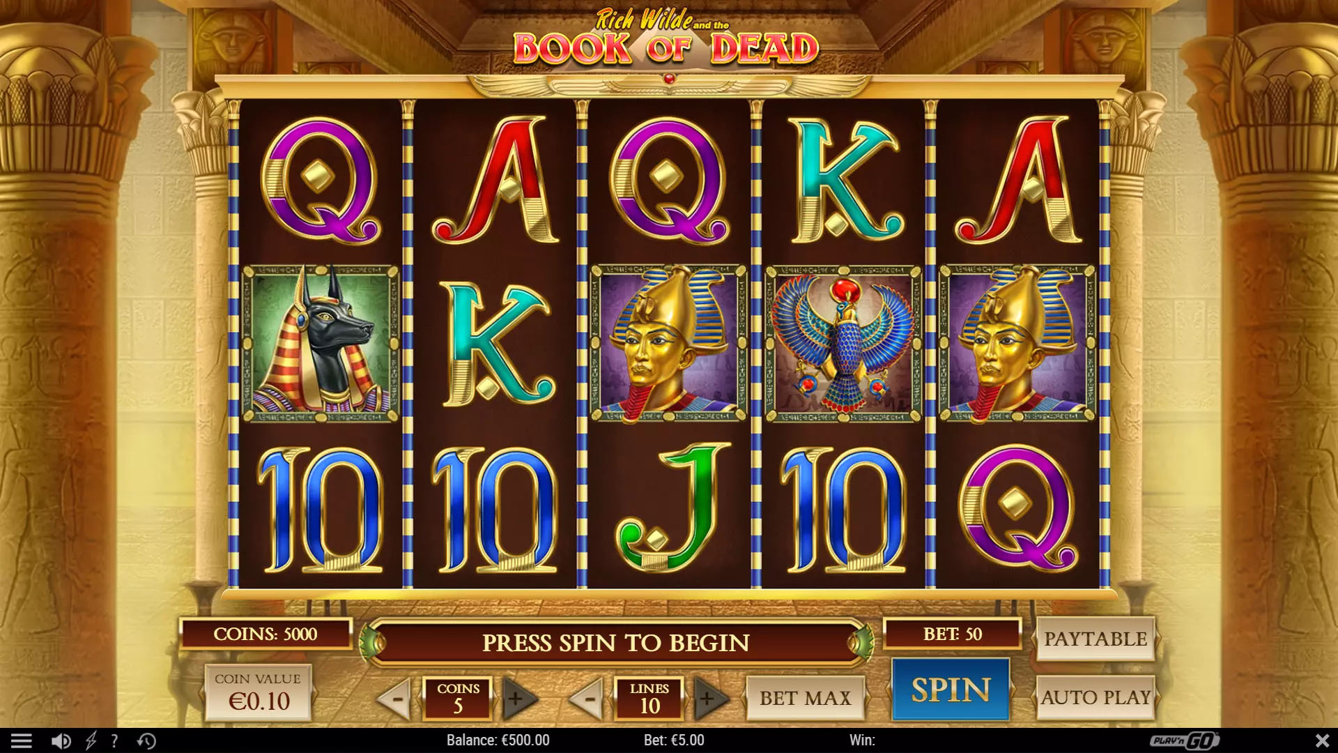 Book of Dead gameplay showing the reels and controls