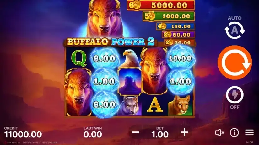 Buffalo Power 2: Hold and Win gameplay showing the reels and game controls