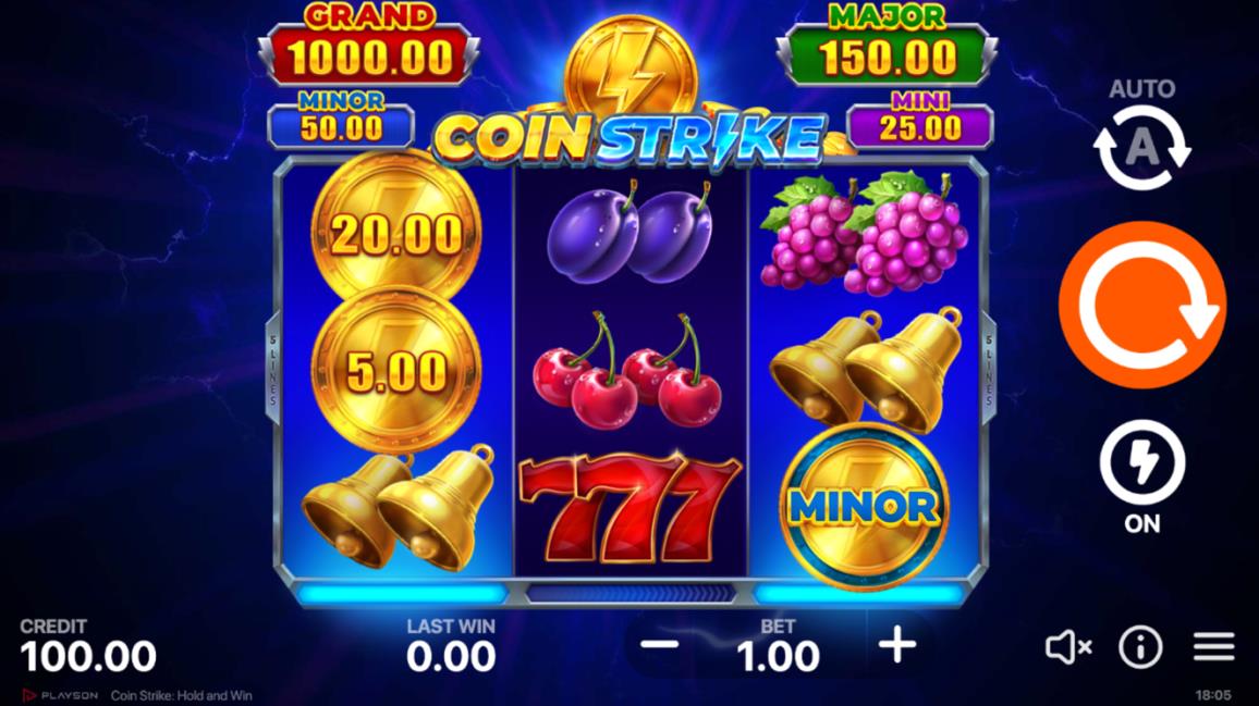 Coin Strike: Hold and Win gameplay showing the reels and game controls