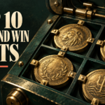 Top 10 Hold and Win Slots editorial illustration with engraved gold coins held in a dark green vault.