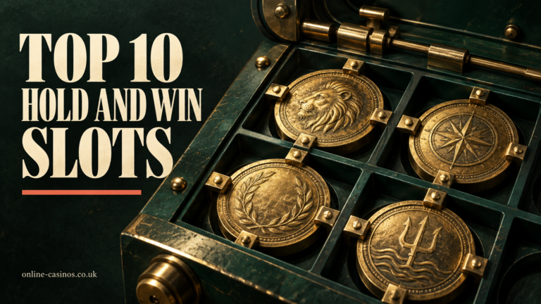 Top 10 Hold and Win Slots editorial illustration with engraved gold coins held in a dark green vault.