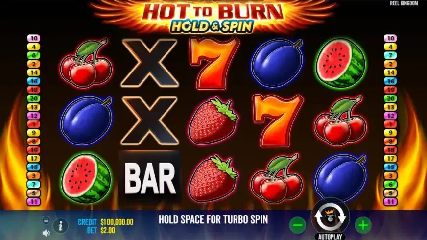 Hot to Burn Hold & Spin gameplay showing the reels and game controls