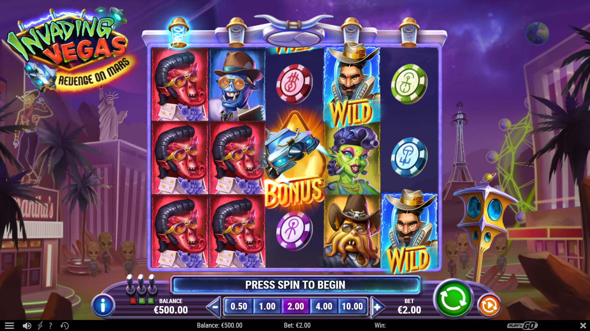 Invading Vegas Revenge on Mars gameplay showing the reels and symbols