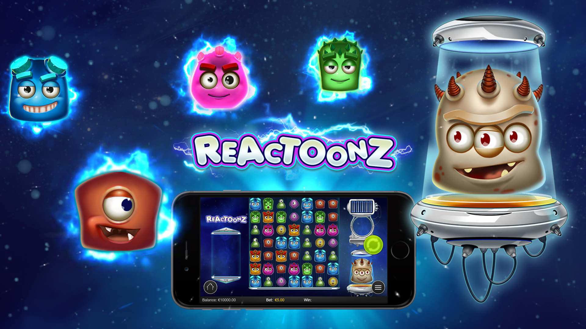 Reactoonz slot artwork with alien characters and the game grid