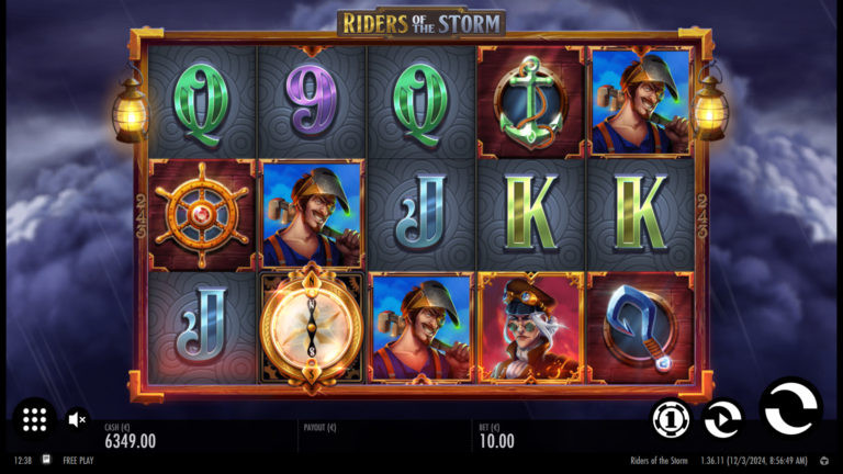 Riders of the Storm gameplay showing the reels and symbols