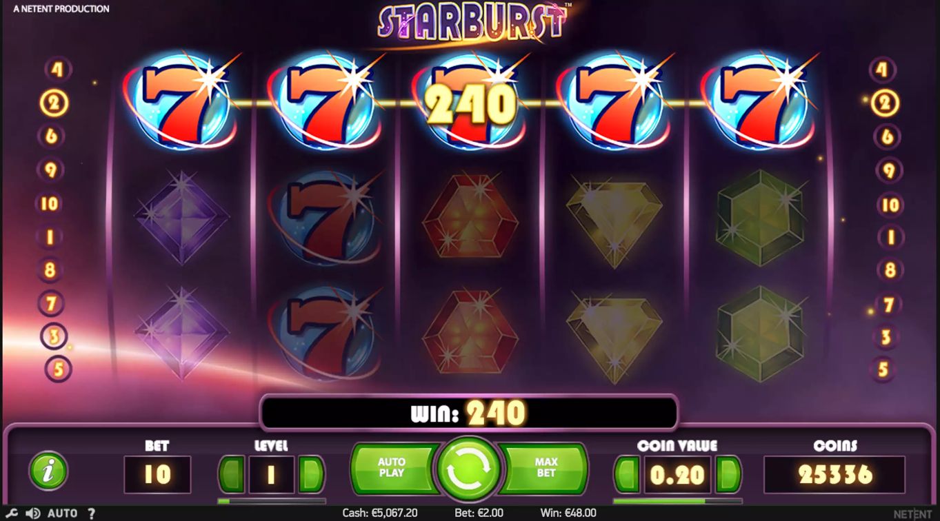 Starburst gameplay showing the reels and controls