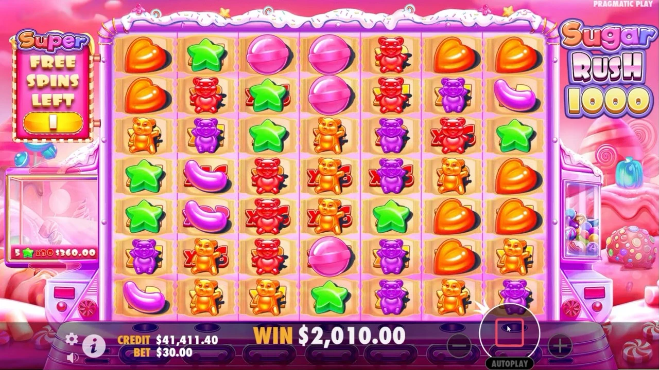Sugar Rush 1000 Super Free Spins grid with multiplier spots