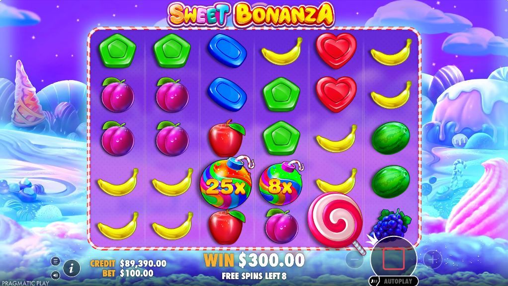 Sweet Bonanza free spins with 25x and 8x multiplier bombs