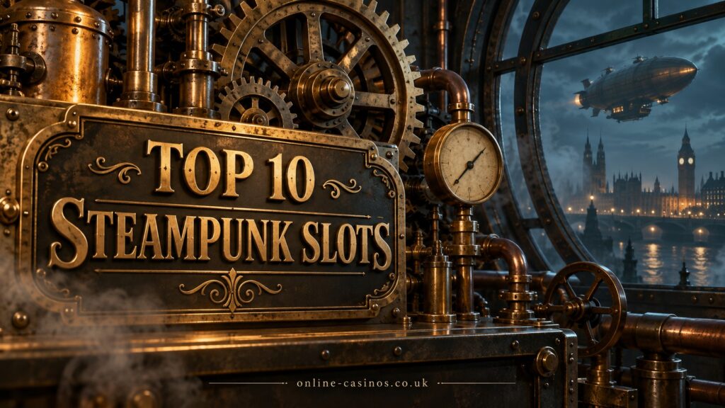 Top 10 Steampunk Slots: brass machinery and an airship above a Victorian city