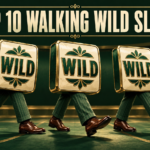 Three WILD slot tiles in pinstripe trousers and smart shoes walking across green and gold reels.