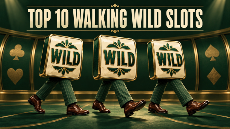 Three WILD slot tiles in pinstripe trousers and smart shoes walking across green and gold reels.