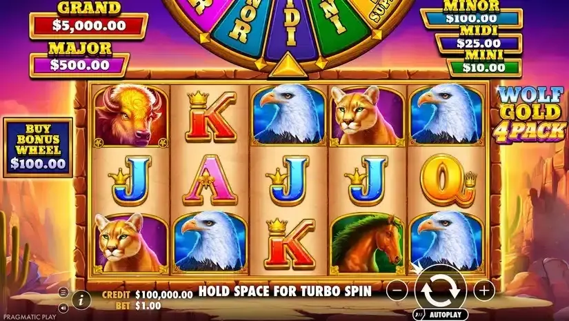 Wolf Gold 4 Pack gameplay showing the reels and game controls