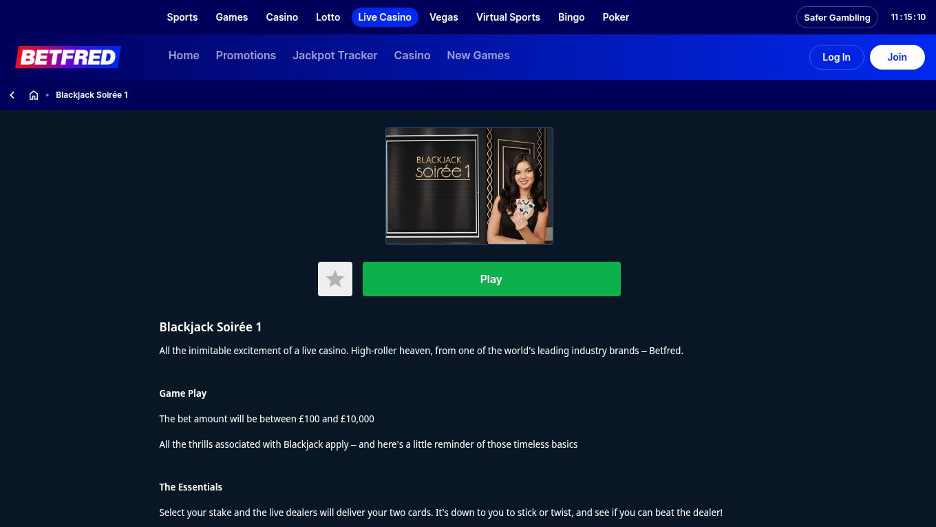 Betfred's Blackjack Soirée 1 information page listing a £100 minimum and £10,000 maximum bet