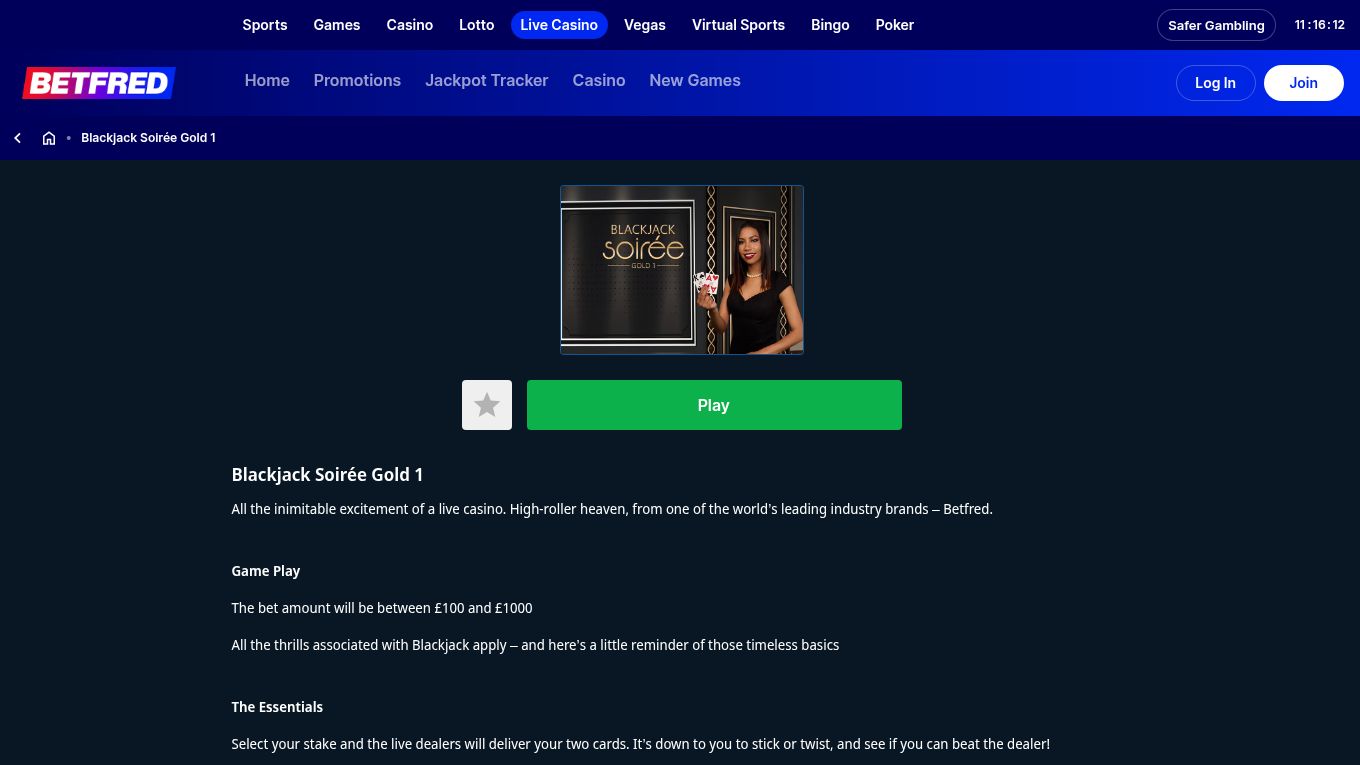 Betfred's Blackjack Soirée Gold 1 information page listing a £100 minimum and £1,000 maximum bet