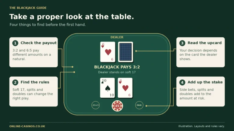 Illustrated blackjack table showing the 3:2 payout, dealer upcard, soft-17 rule, £5 main bet and separate side-bet spots.