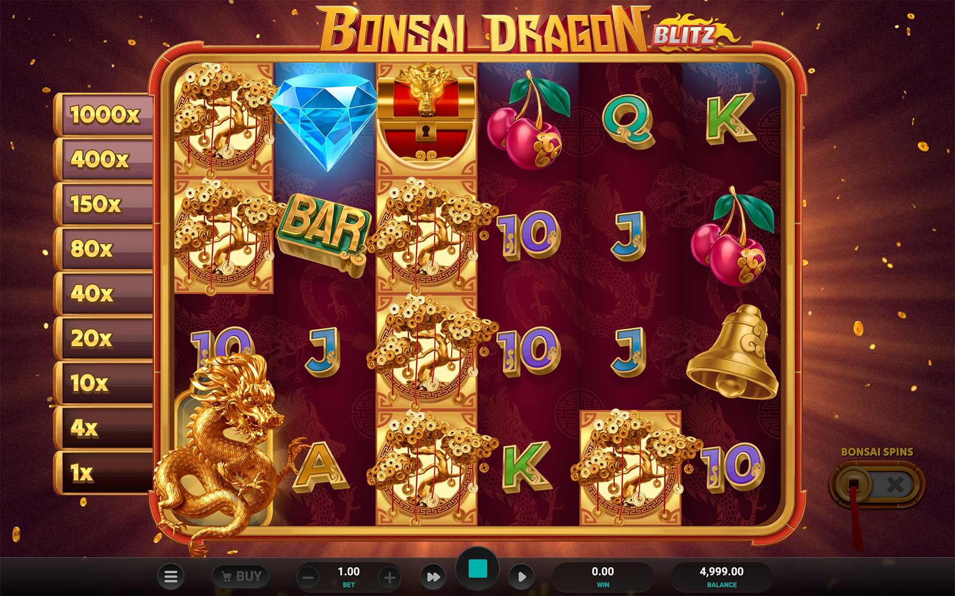 Bonsai Dragon Blitz Dream Drop provider gameplay showing dragons, coin trees and the prize meter