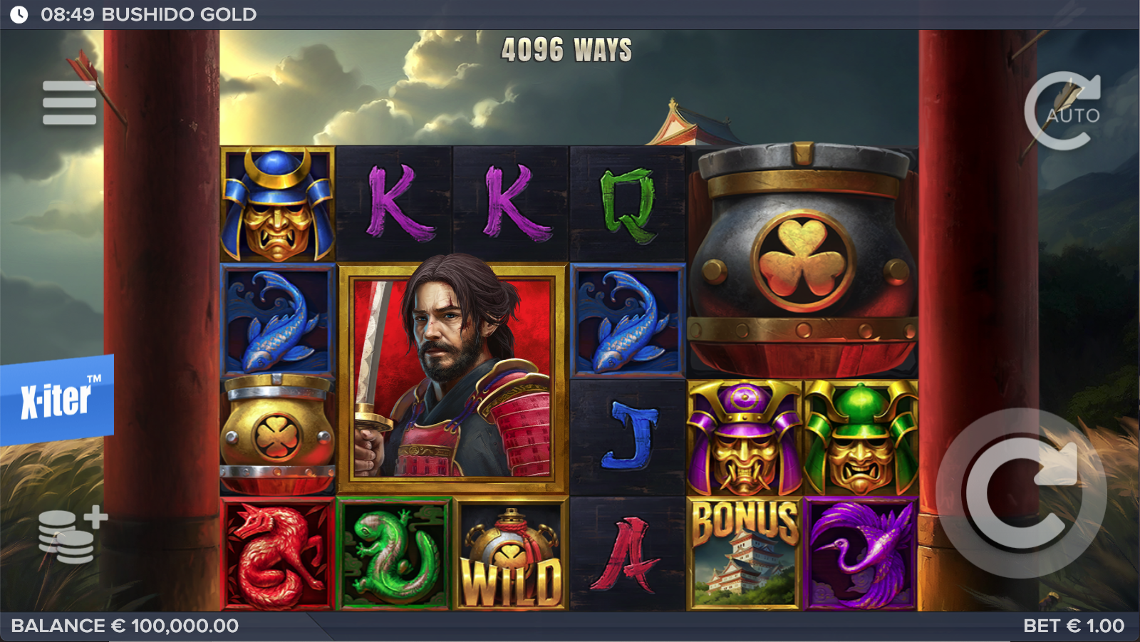 Bushido Gold gameplay showing samurai symbols, a wild and bonus symbols