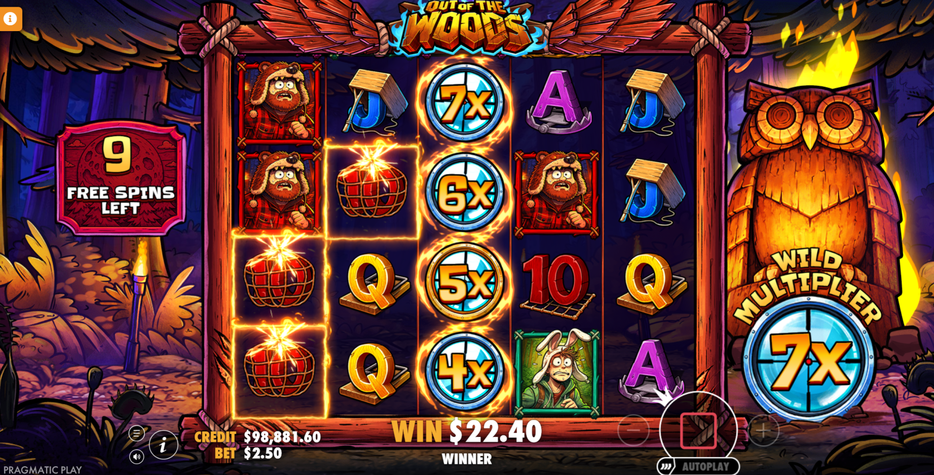 Out of the Woods free spins showing a full stack of 4x to 7x wild multipliers