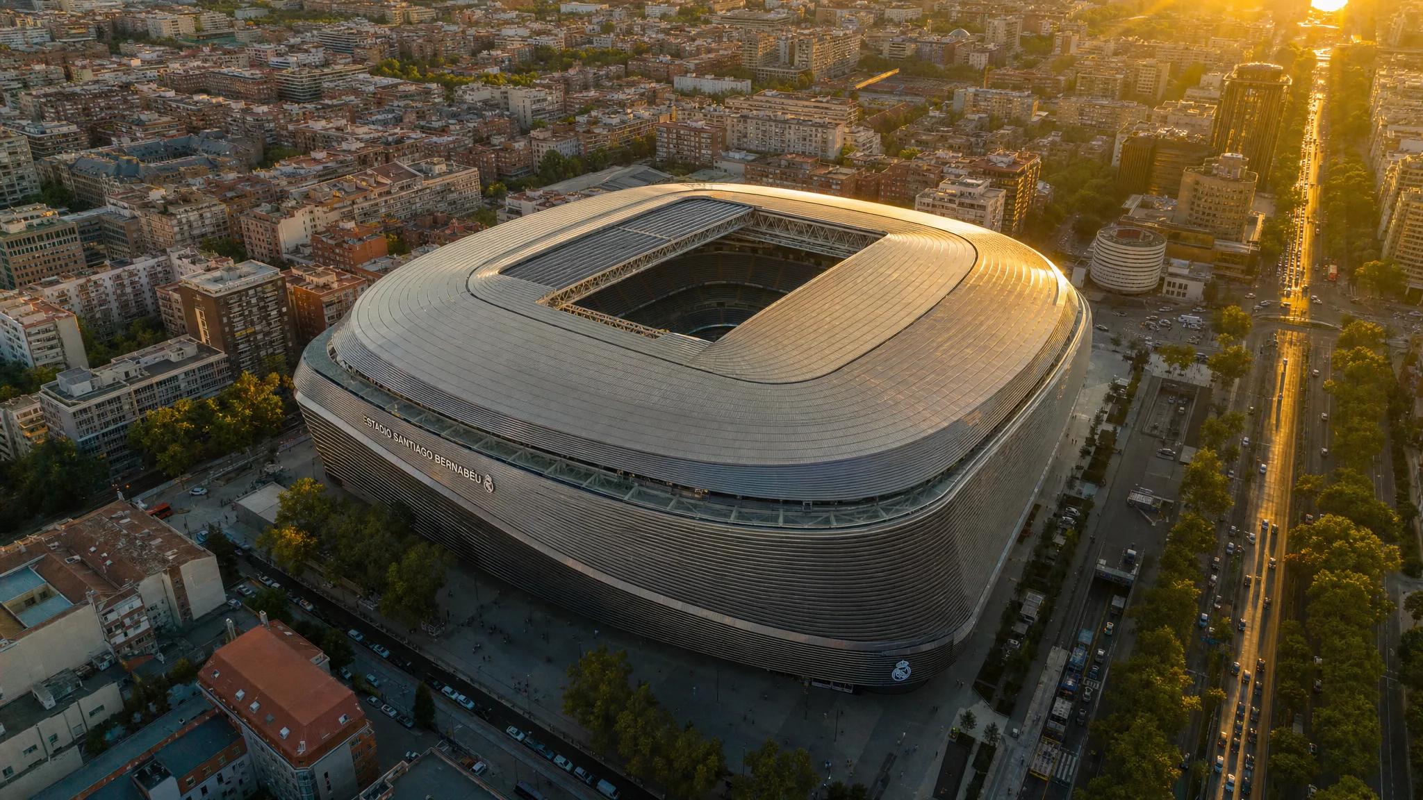 Santiago Bernabรฉu aerial golden hour